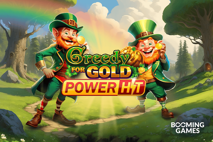 Greedy for Gold Power Hit slot game by Booming Games featuring leprechauns and gold in a bright forest background.