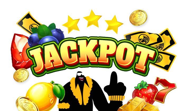 llustration with the word jackpot surrounded by coins, cash, fruits, and slot symbols representing big wins on online slots.