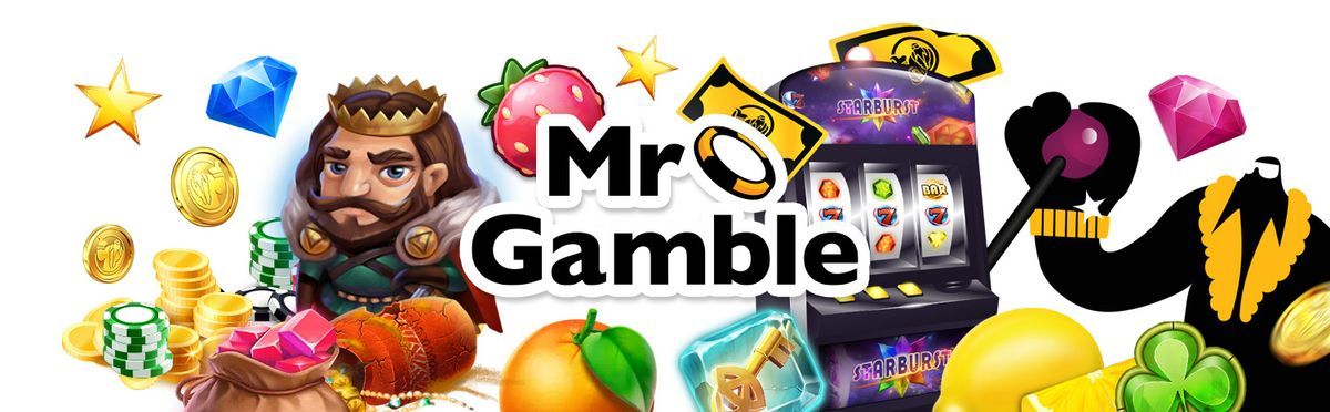 Illustration of slot symbols, coins, and a slot machine with the Mr. Gamble logo, representing online slot sites and casino games